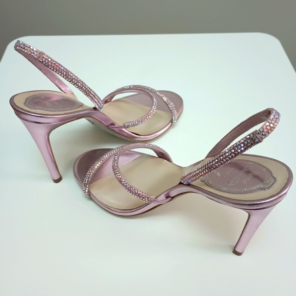 René Caovilla Metallic Strass Halter Stiletto Pink Light Rose Sandals - Picture 5 of 7